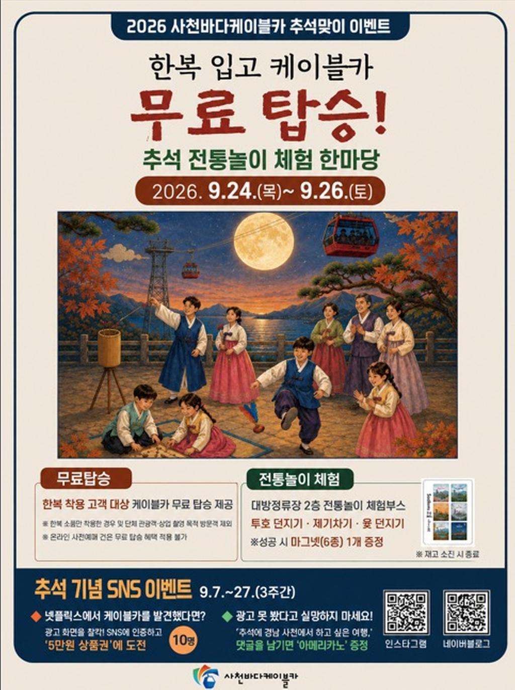 사천바다케이블카, 추석연휴 정상 운영, 한복 입으면 무료 탑승